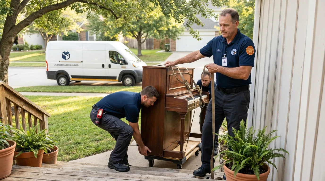 Licensed piano movers securing grand piano in Medina, TN