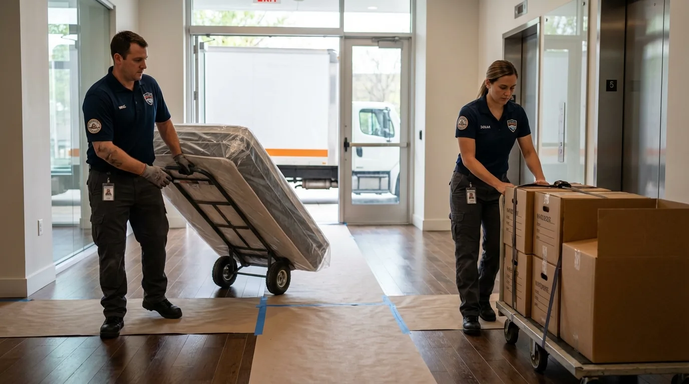 Professional apartment movers loading elevator in Medina, TN